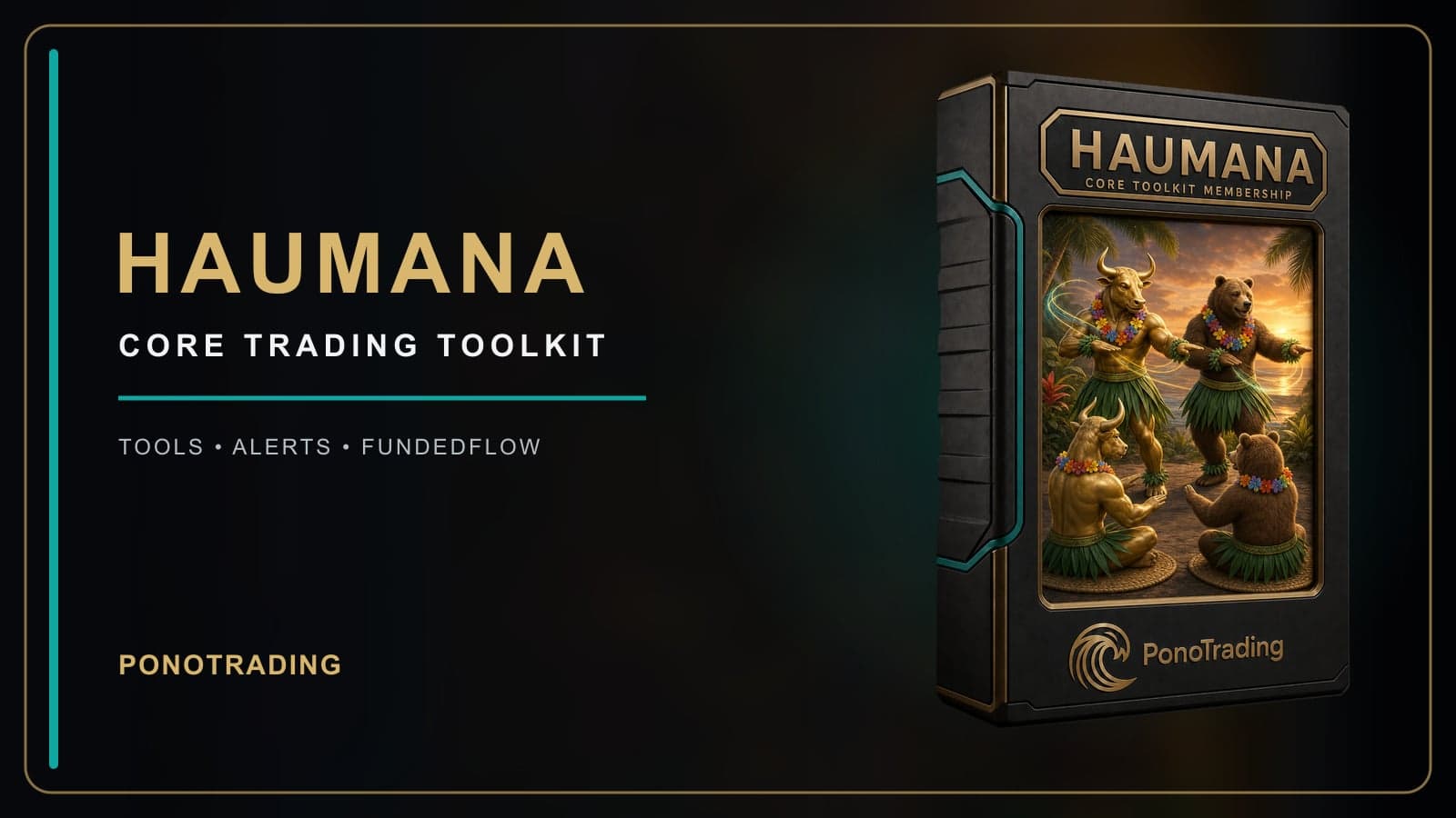 PonoTrading Haumana membership card. Gold and white text reads Haumana Core Trading Toolkit, Tools, Alerts, FundedFlow, beside a black and gold membership box with bulls and bears in hula skirts on a Hawaiian beach at sunset.
