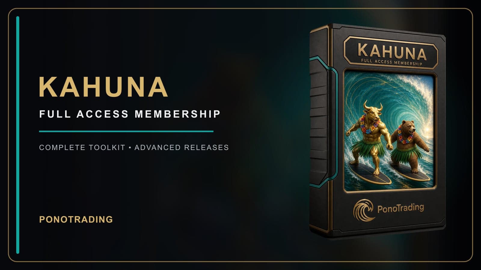 PonoTrading Kahuna membership card. Gold Kahuna lettering and Full Access Membership text beside a black and gold box showing a bull and bear surfing a wave in leis and grass skirts.