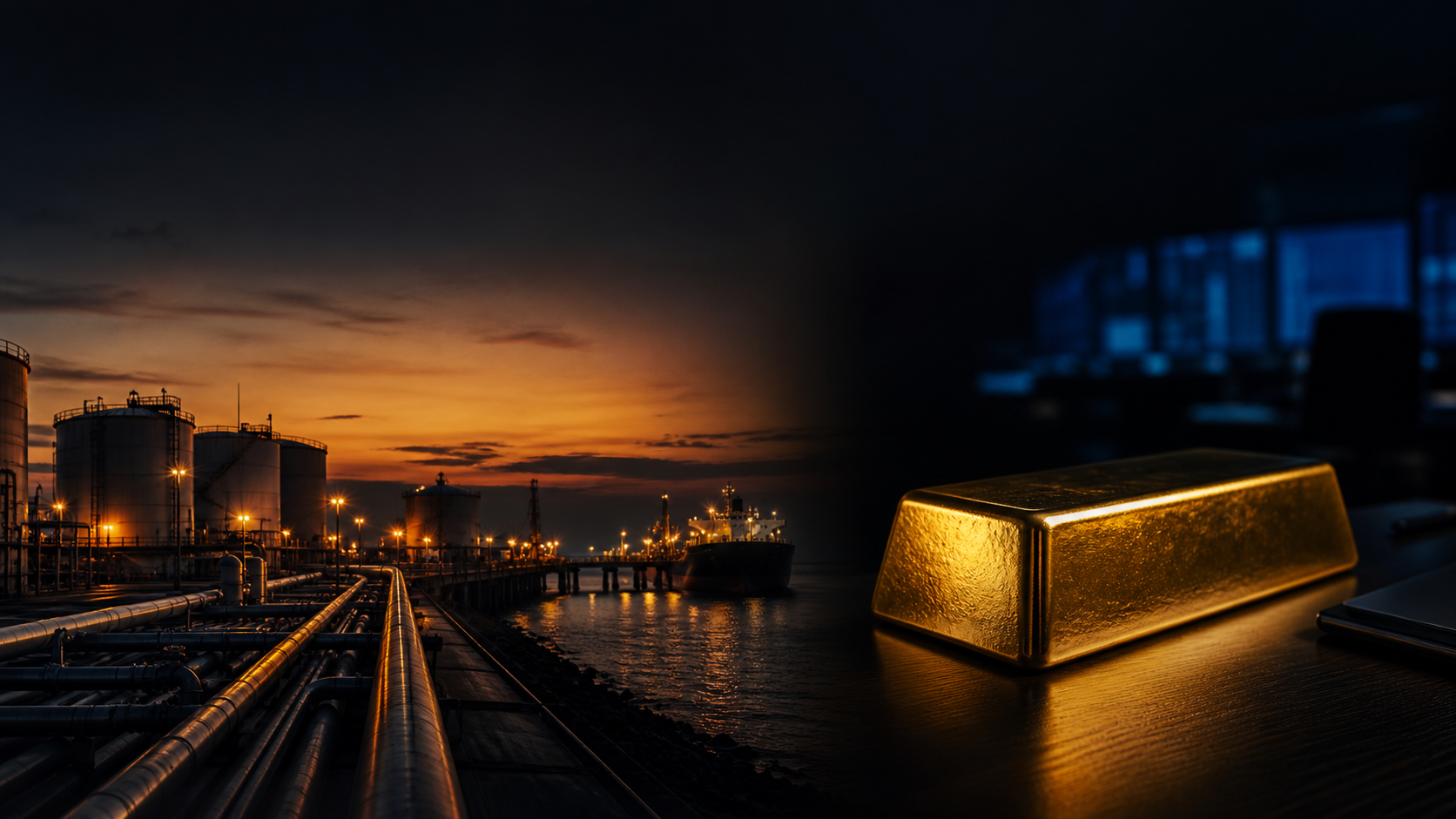 An oil terminal at dusk beside a gold bar and a dark institutional trading desk, illustrating the August 10 cross-asset expansion in crude, gold and rates.