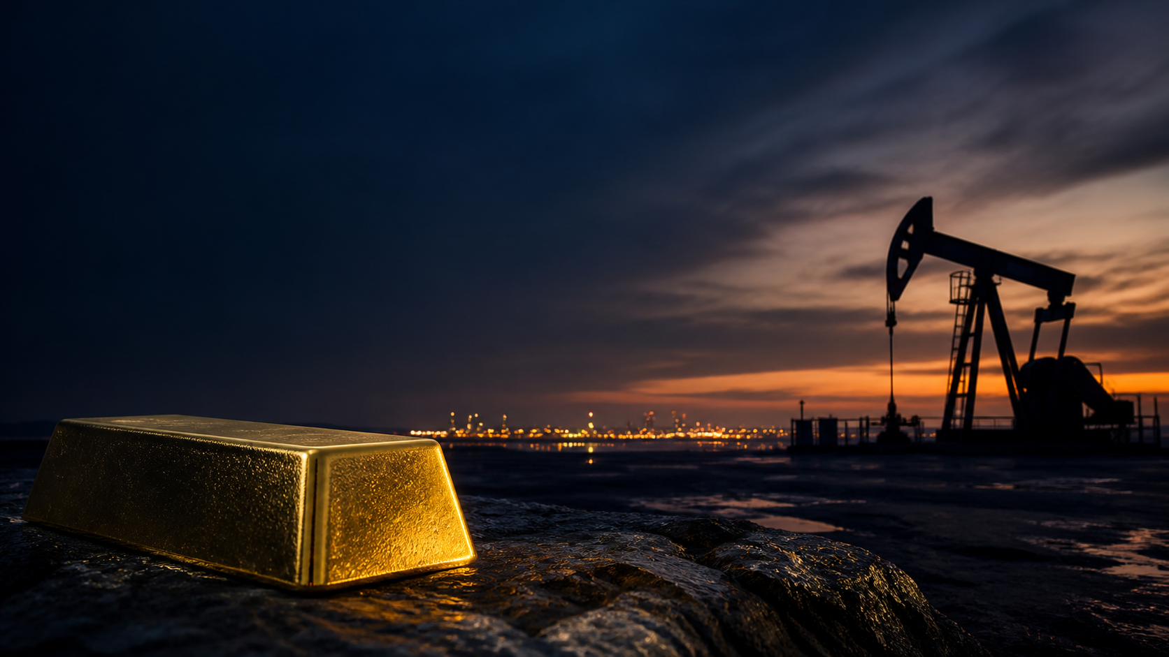 Cinematic PonoTrading cross-asset scene with gold and oil infrastructure representing the mixed macro backdrop surrounding Nvidia's post-earnings market handoff.