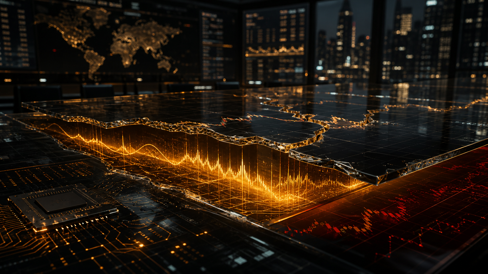 Cinematic PonoTrading trading floor with a calm glass index surface split open by a glowing Treasury yield shockwave beneath it.