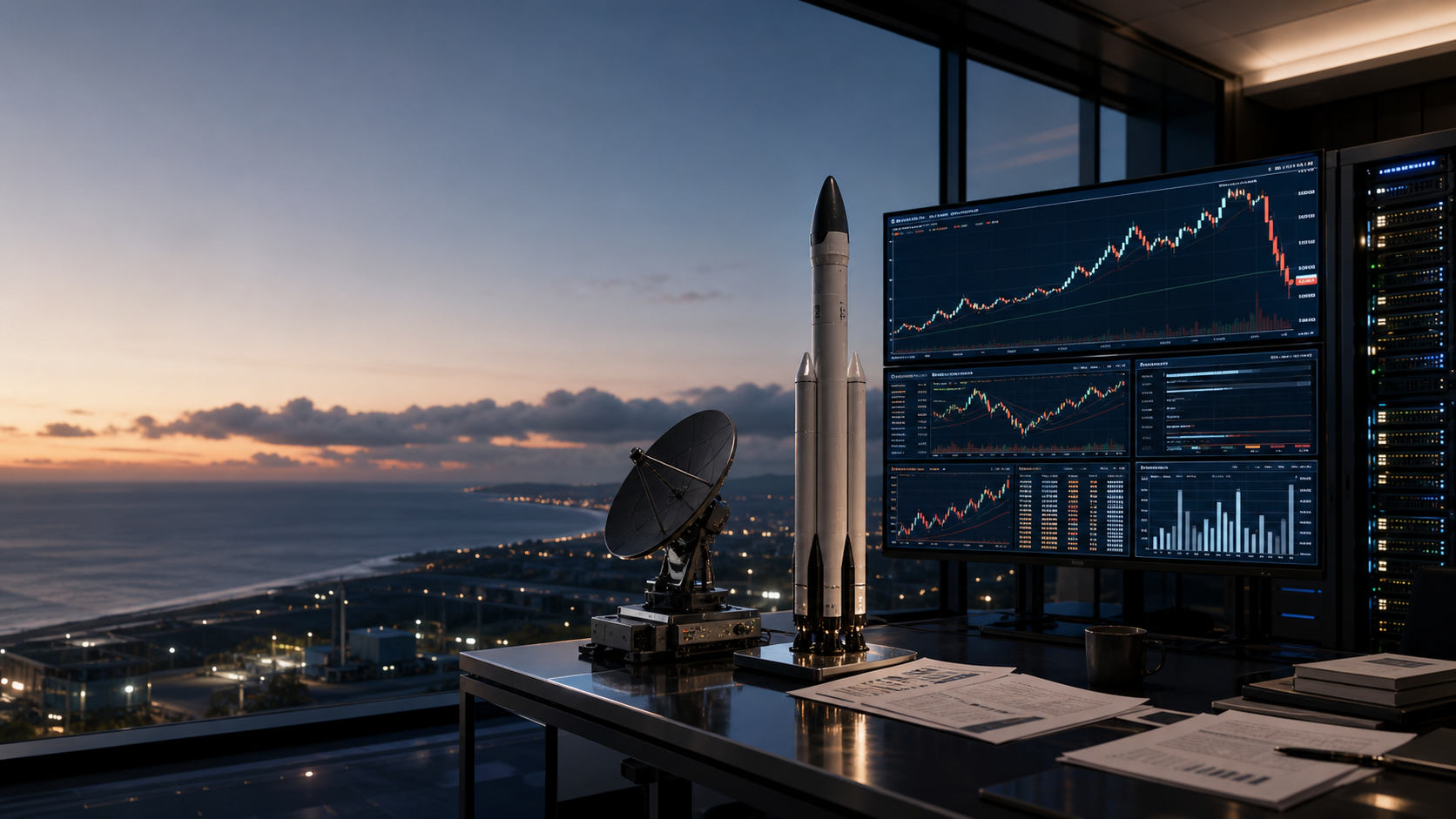 A disciplined trading desk maps four index futures beyond plus-two standard deviations while a rocket, satellite network and capital-spending ledger define the after-hours SpaceX test.