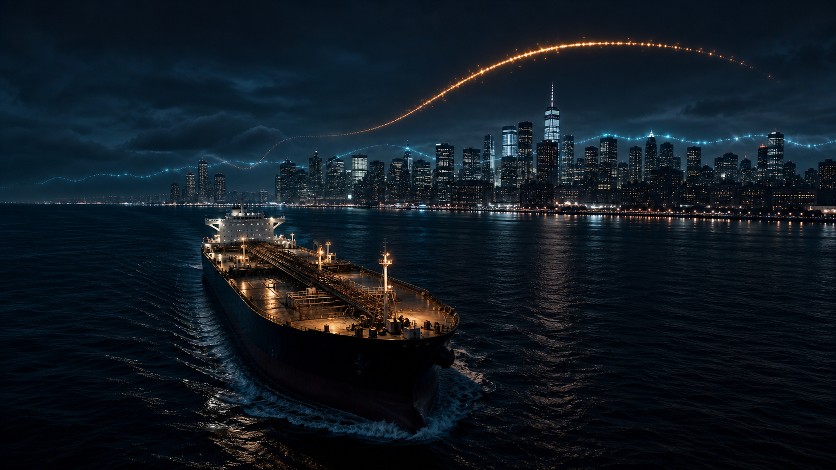 An oil tanker approaches Lower Manhattan beneath amber Treasury-rate and cyan Nasdaq traces, representing crude confirmation and a defended Nasdaq boundary.