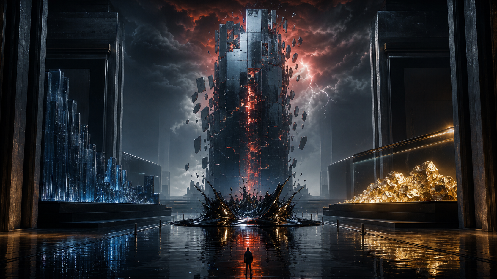 A cinematic cross-asset market scene showing a technology structure breaking lower while oil reverses and gold remains contained after the July 16, 2026 New York close.