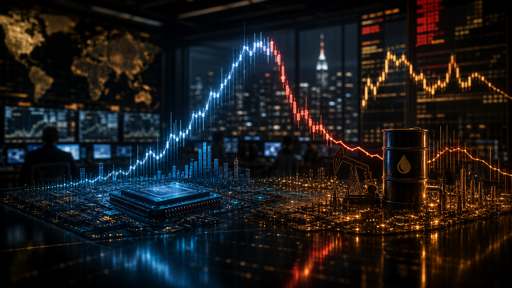 A cinematic trading-desk scene showing an early Nasdaq rebound fading back into a darker tape while oil and Treasury-yield pressure remain active in the background.