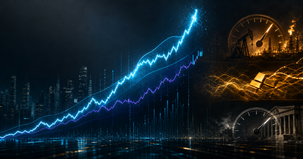 Blue and violet market paths rise through an upper statistical band while elevated oil, gold, and Treasury gauges remain active after the July 21, 2026 close.