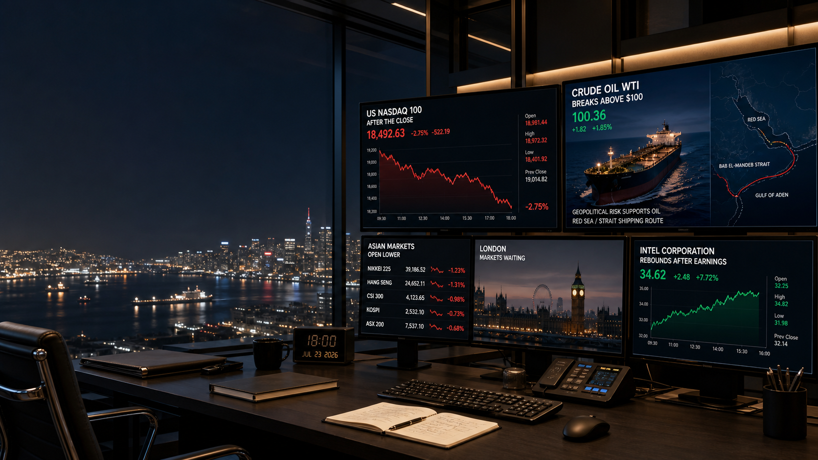A Pacific trading desk shows falling U.S. technology markets, Brent crude above $100, weaker Asian markets, Intel's earnings rebound, and London awaiting the July 23, 2026 handoff.