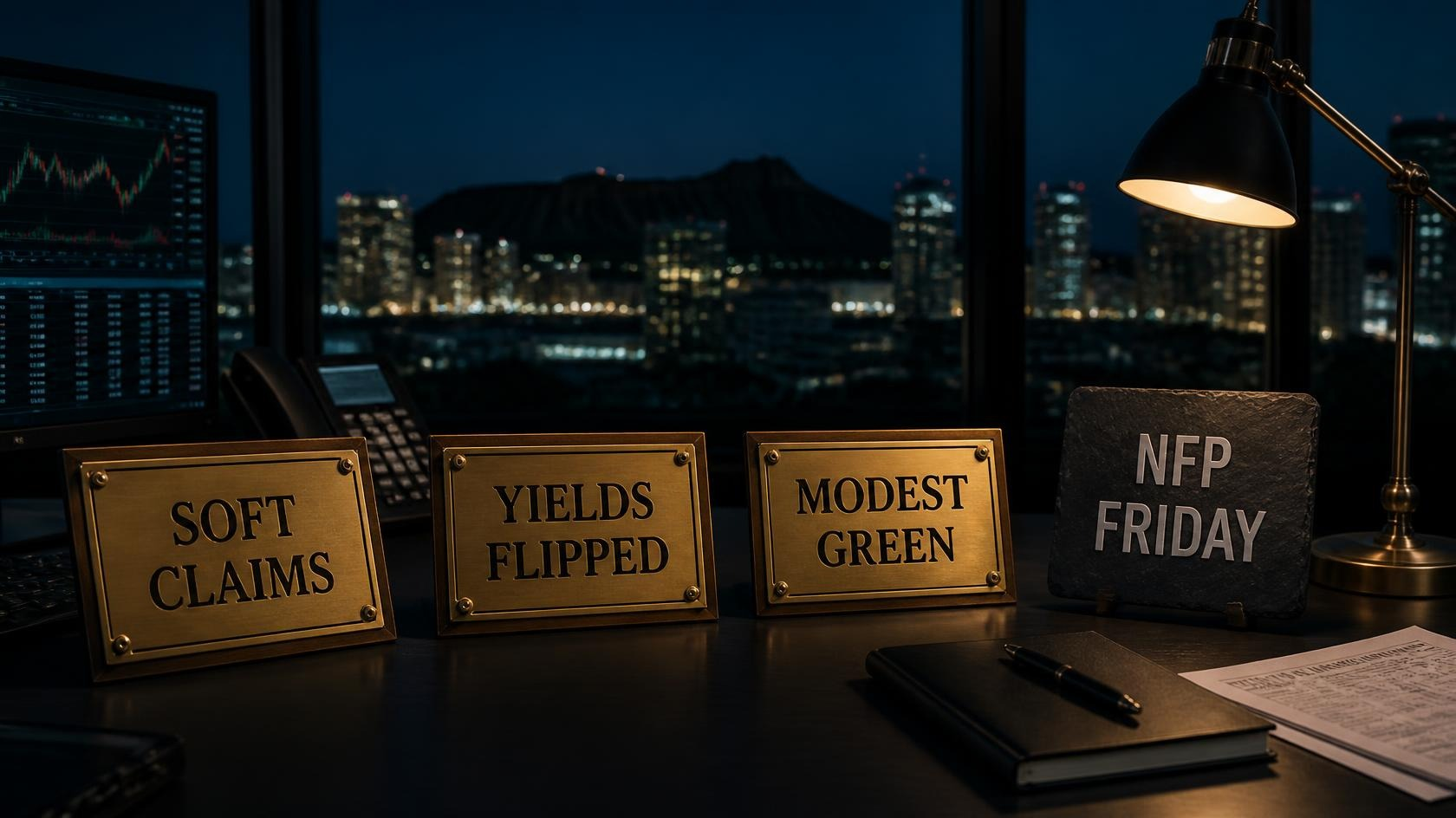 Trading desk with SOFT CLAIMS plate, YIELDS FLIPPED brass ticket, MODEST GREEN blotter, and NFP FRIDAY folder; Diamond Head only soft in the night background.