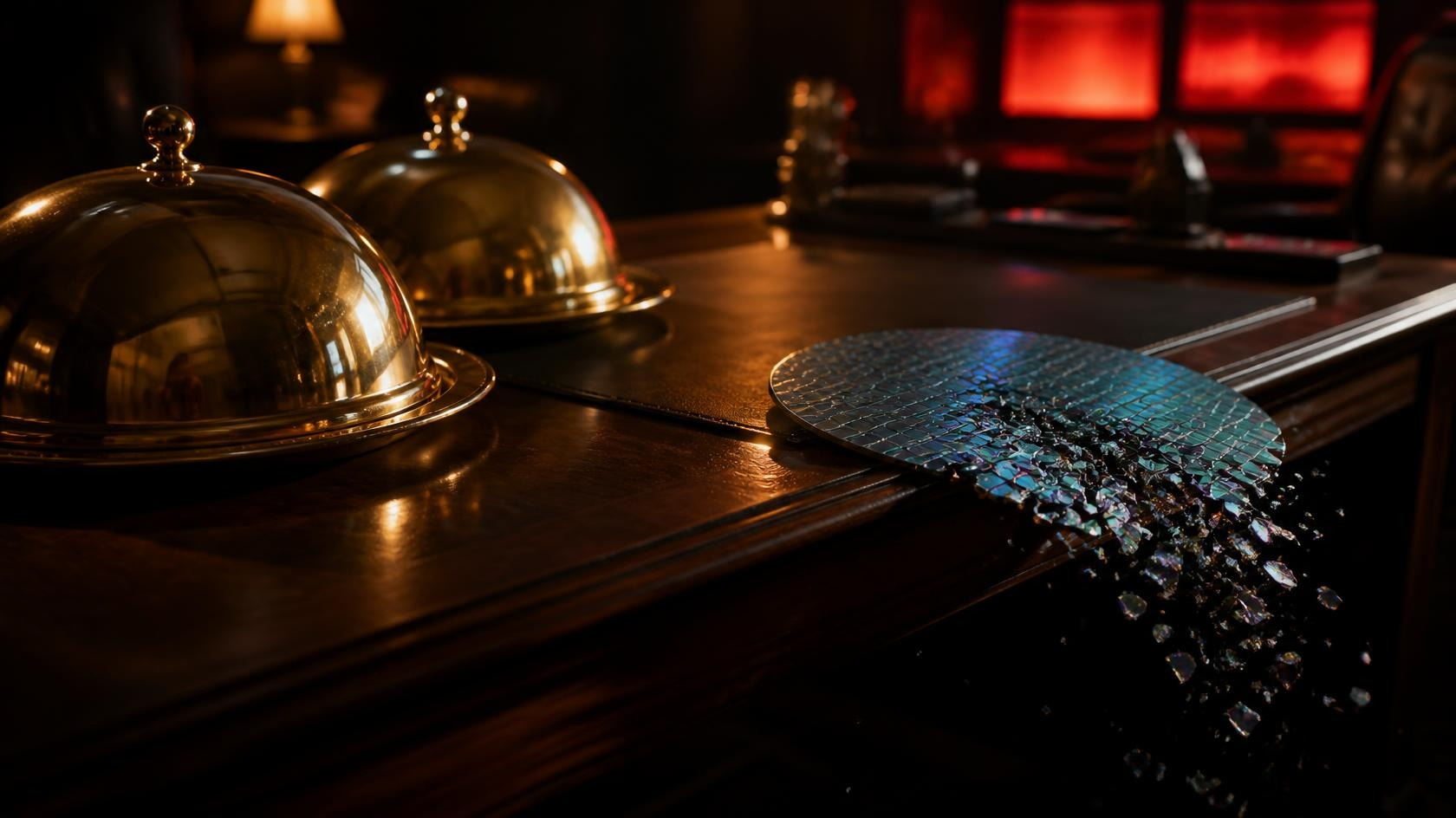 Two polished brass cloche lids sit closed on a dark koa wood desk at night while a cracked iridescent silicon wafer slides off the desk edge, its chip fragments falling, red monitor glow behind.