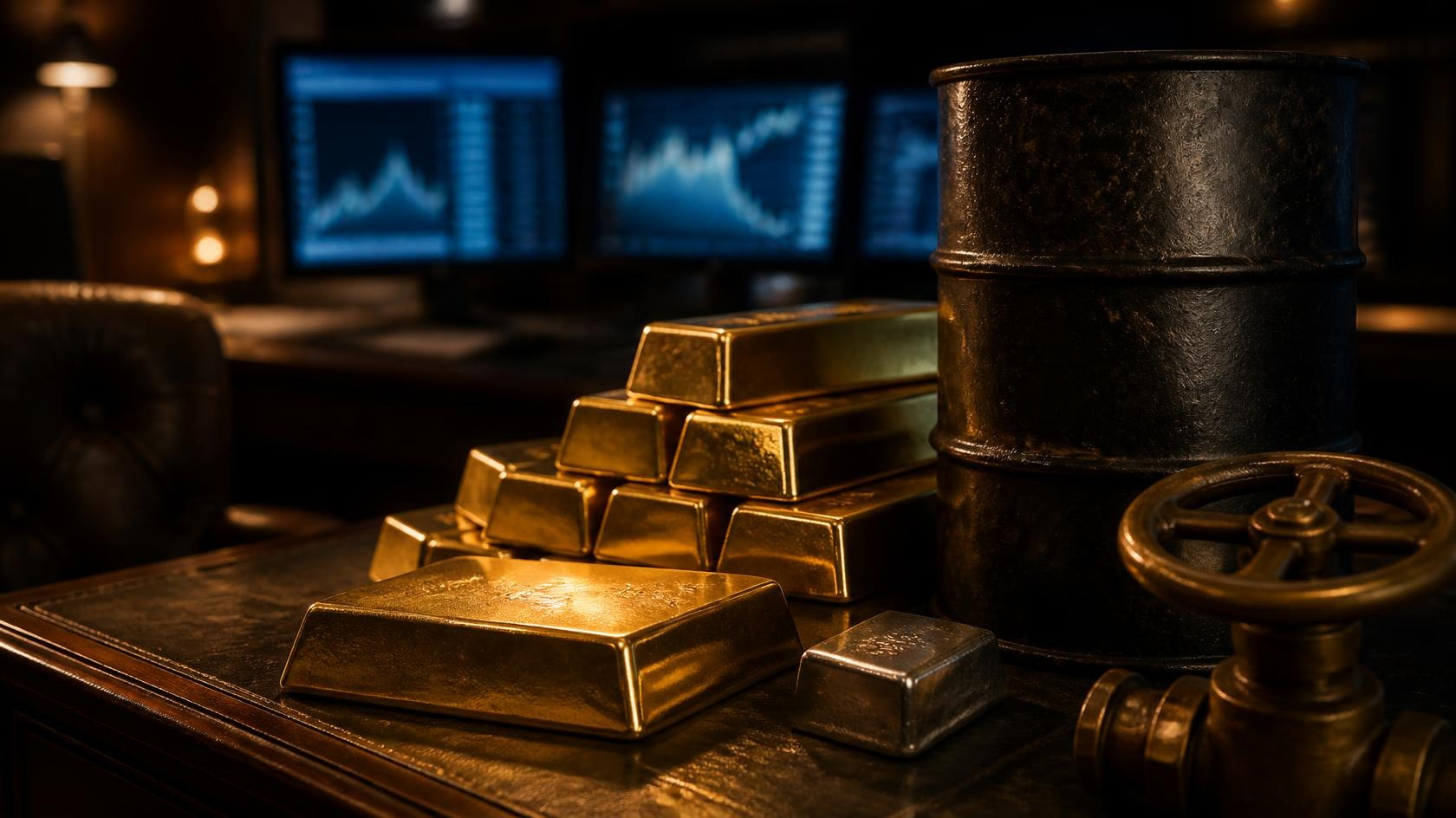 Gold bars and a small silver bar on a low-lit wood and leather trading desk beside a black crude oil barrel and a brass gas valve, with blue bank and bond screens blurred in the background.
