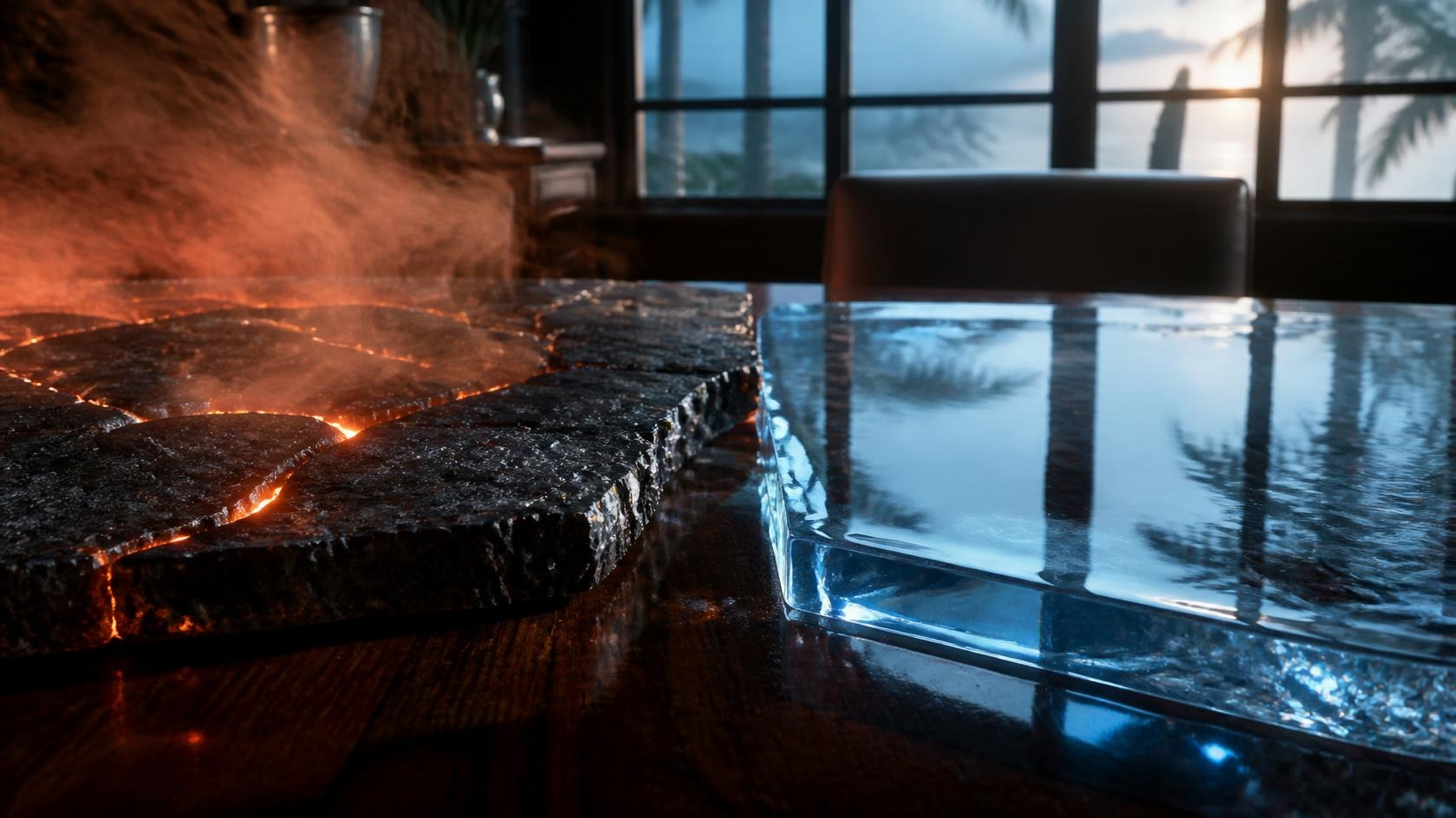 Warm fractured volcanic basalt with glowing cracks beside a clear ice slab on a dark koa desk, Hawaiian palms soft through a dawn window — heat against cold.