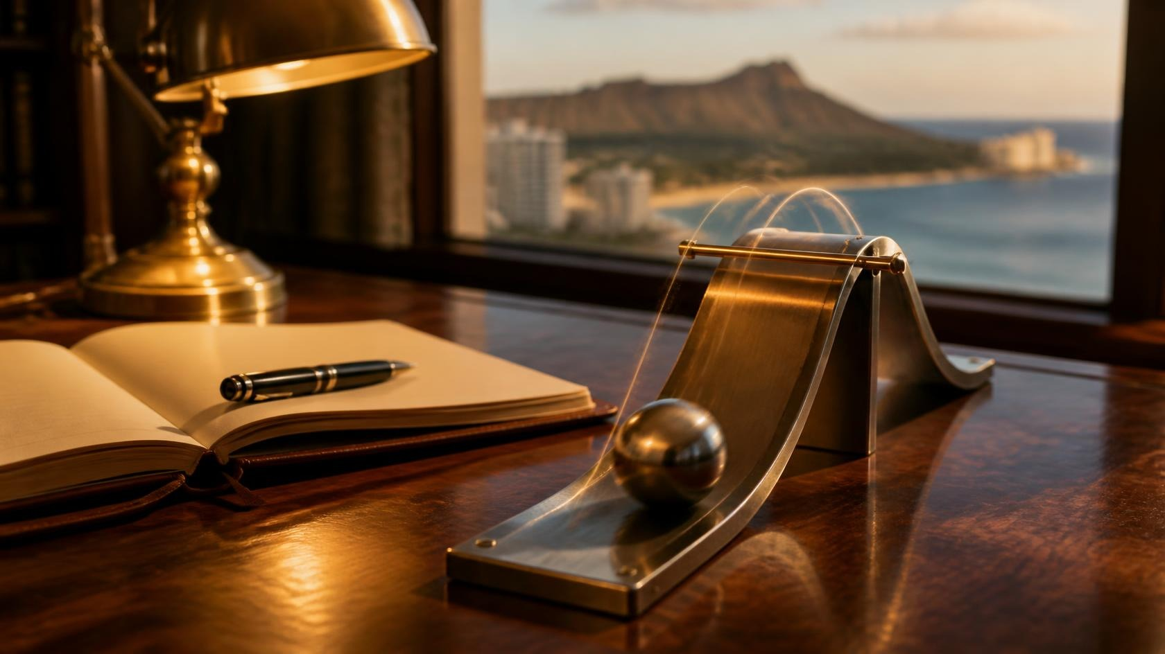 A steel ball resting at the bottom of a curved brass ramp under a brass bar on a polished koa desk at golden hour, an open notebook and brass lamp beside it, Diamond Head blurred through the window behind.