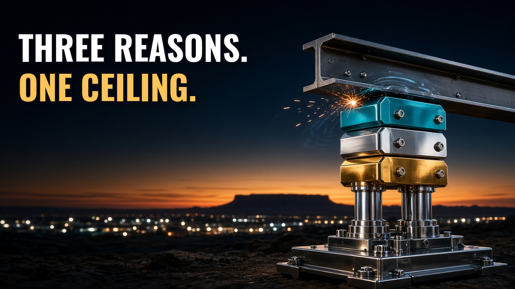 A CGI hydraulic lift stopped under three stacked stop blocks in gold, steel and teal at dusk, a low flat Hawaiian ridge behind it, with the words three reasons, one ceiling.