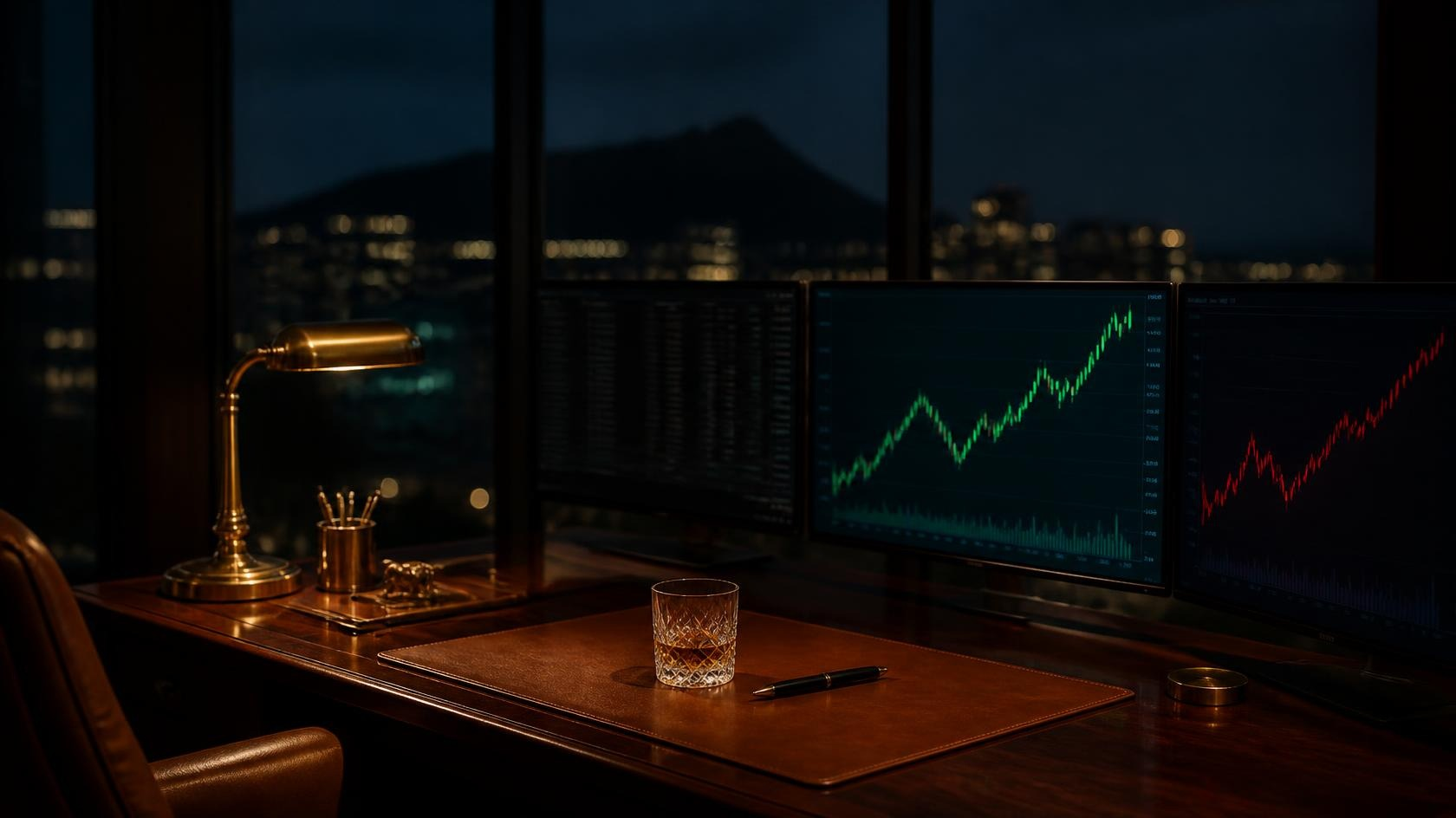 Low-lit walnut and leather trading desk with a brass lamp and crystal tumbler; one screen shows a green chart at a new high, another a red yield line climbing; Diamond Head soft in the night background.