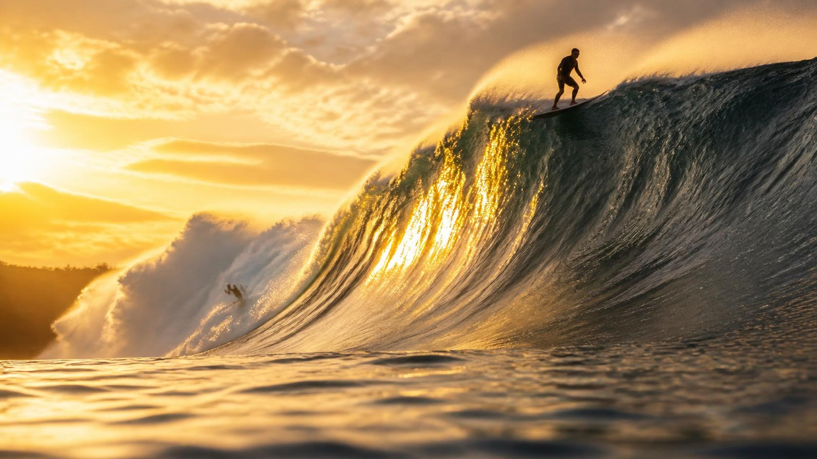 Golden-hour North Shore wave: one big-wave surfer rides the crest of a towering glassy wave while a smaller surfer slips off the back of the set.