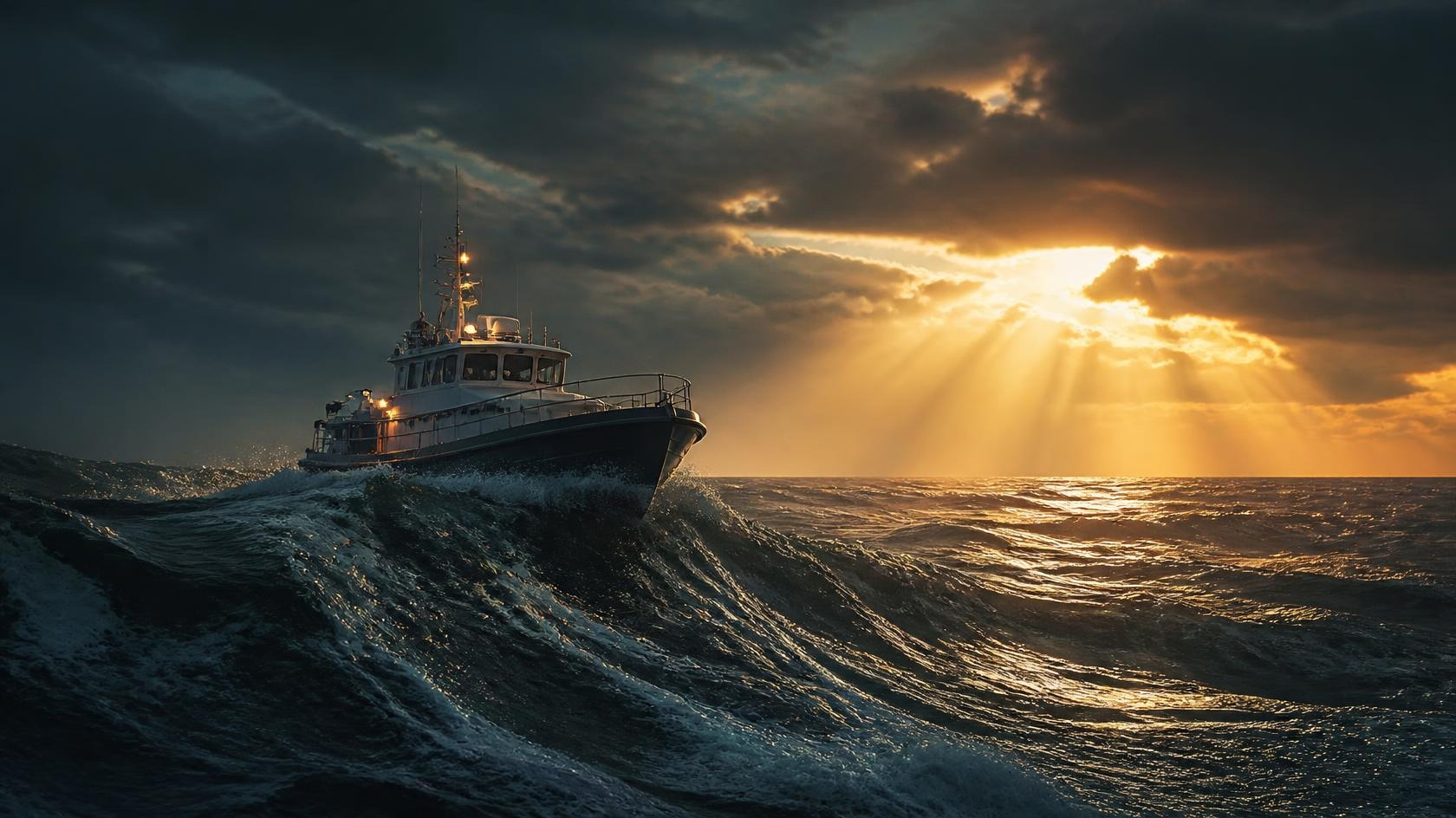 Cinematic dusk at sea: a harbor pilot boat holds steady on a big swell in dark, rough water while the storm clouds break open ahead and golden sunlight pours onto the sea.