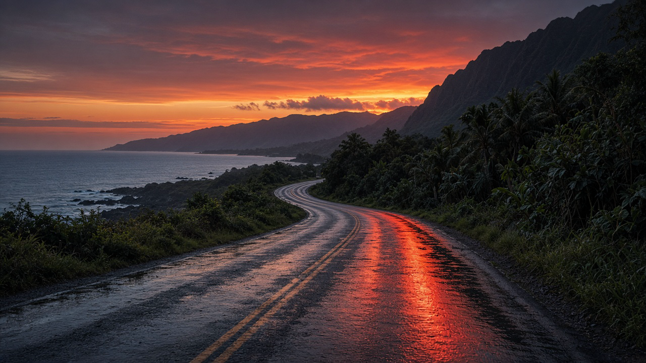 Wet coastal road at dusk along a Hawaiian shoreline — overnight bid already spent; cash did not take the upper half.