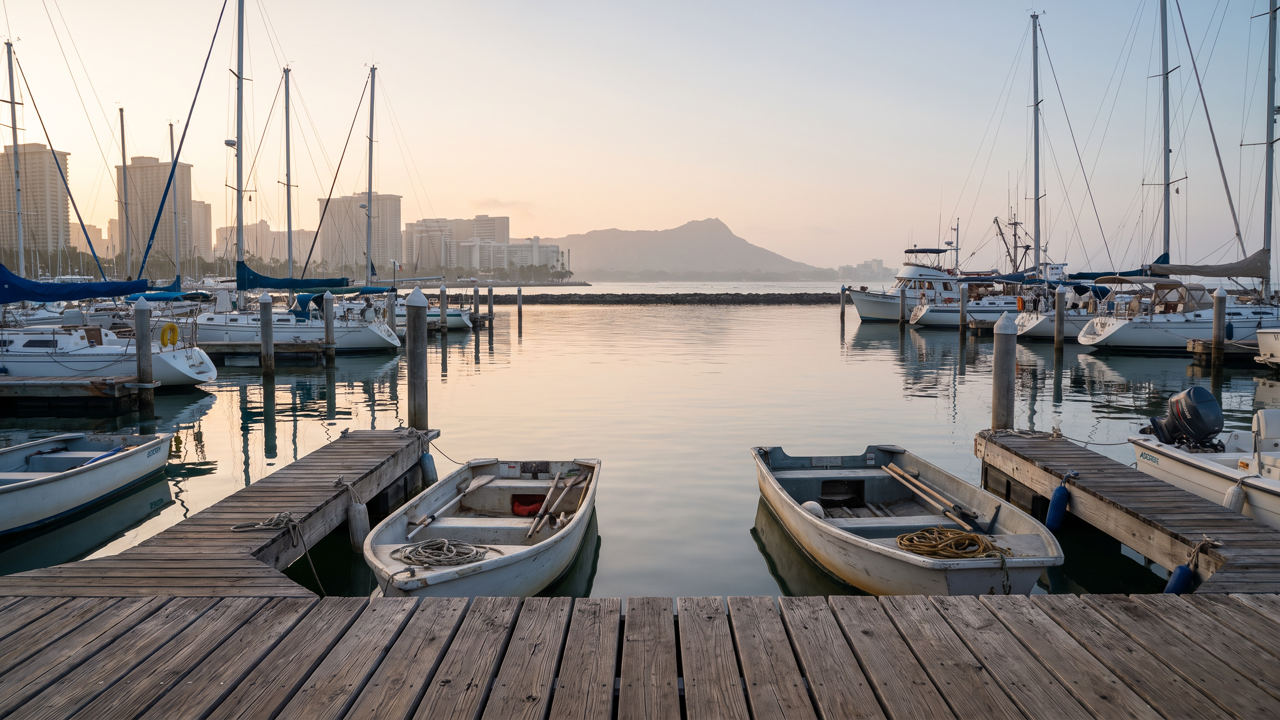 Calm Waikiki harbor at sunrise — two small white boats between wooden docks, sailboats along both sides, and Diamond Head across still water after the wind dropped.