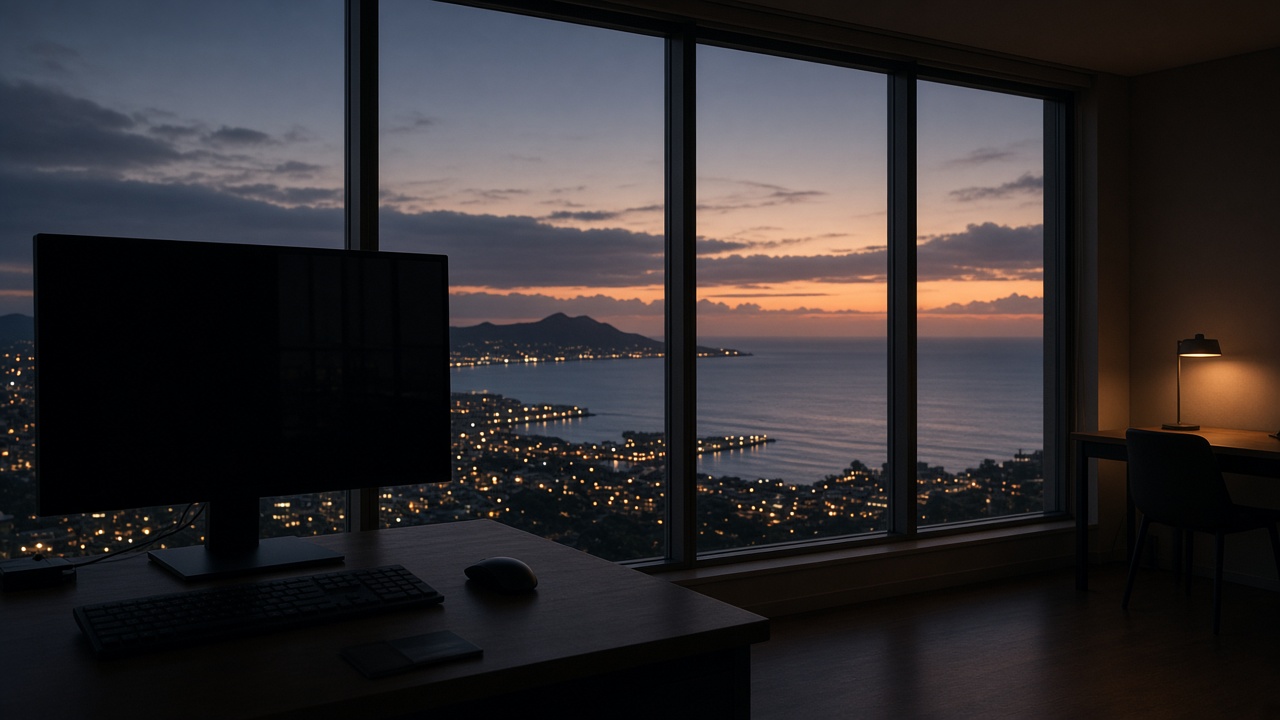Diamond Head crater silhouette across the Honolulu shoreline at dusk, framed through floor-to-ceiling windows from a dark trading desk with a black monitor, keyboard, and a small lamp glowing at the adjacent desk.