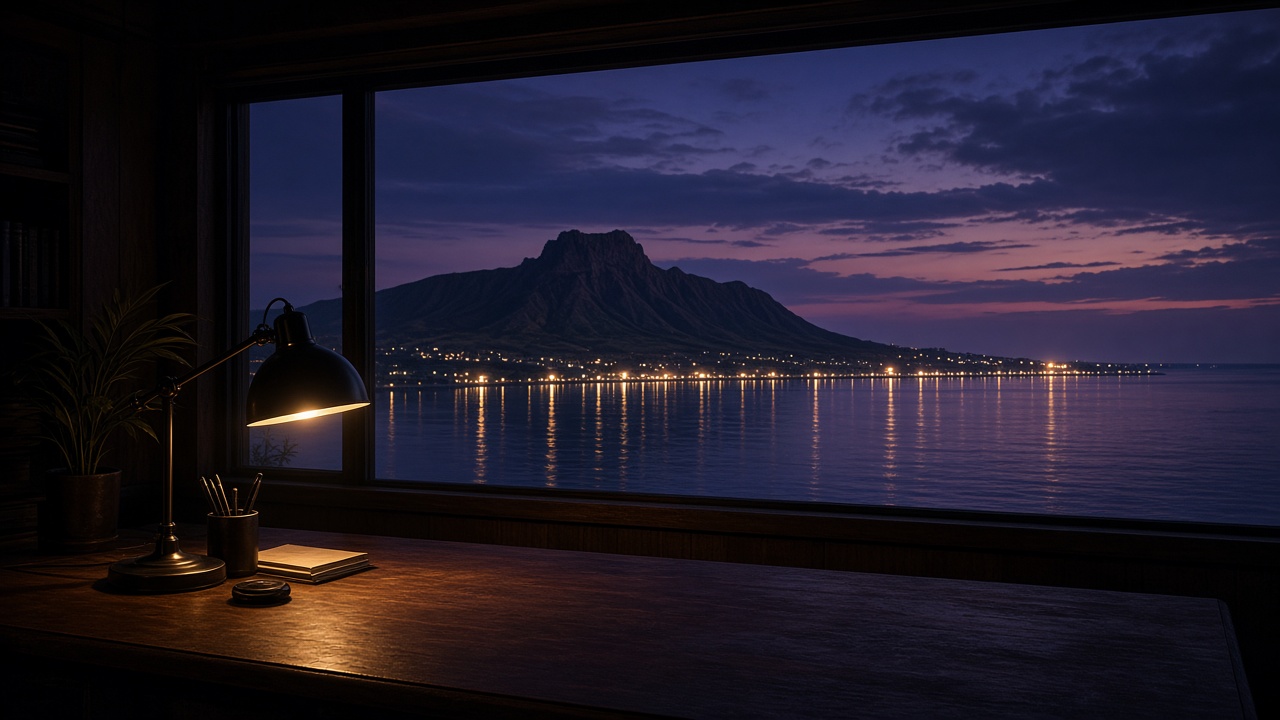 Diamond Head crater across Honolulu Harbor at dusk, framed through a dark trading-desk window with a brass lamp, notebook, and plant on the wooden desk in the foreground.