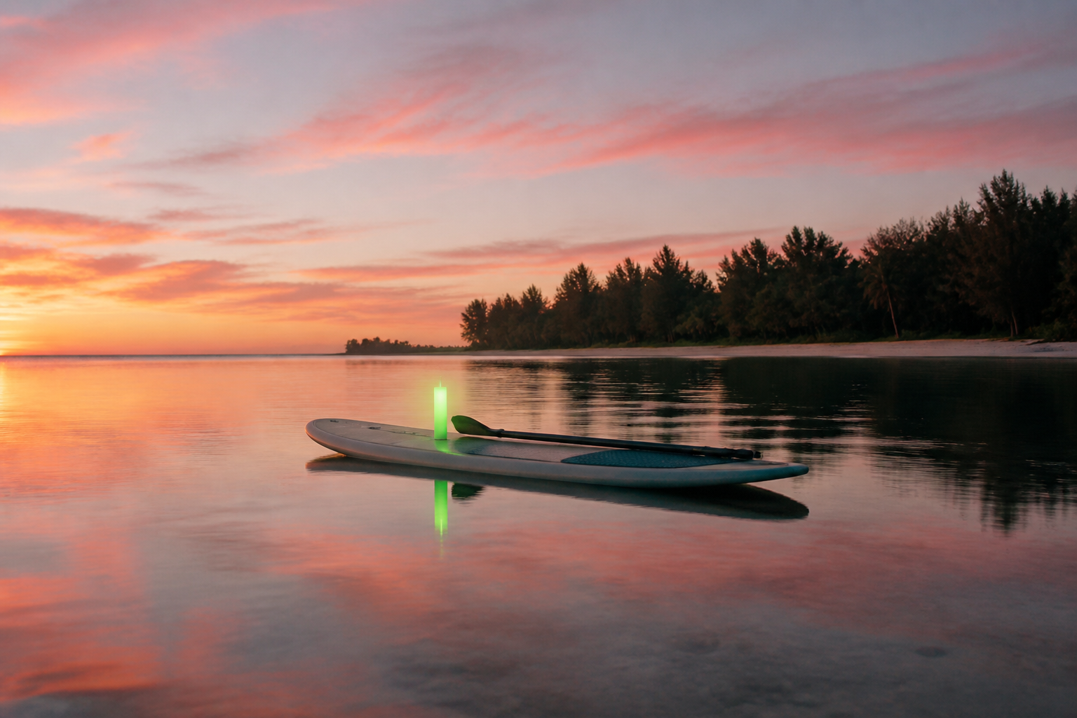 A paddleboard and paddle float on a still, sunset-lit lagoon marked by a glowing green light stick — a calm, accepted line on the water, echoing Nasdaq’s close through 29,201 and gold’s settle outside its consolidation box on September 3, 2026.