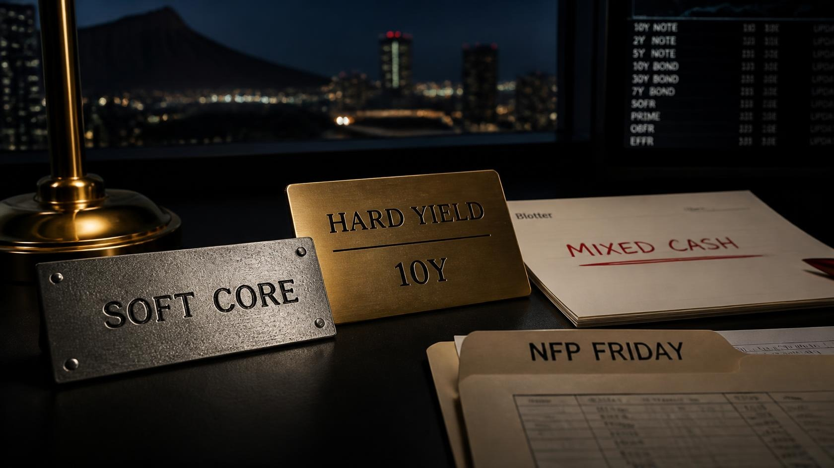 Trading desk with SOFT CORE plate, HARD YIELD 10Y brass ticket, MIXED CASH blotter, and NFP FRIDAY folder; Diamond Head only soft in the night background.