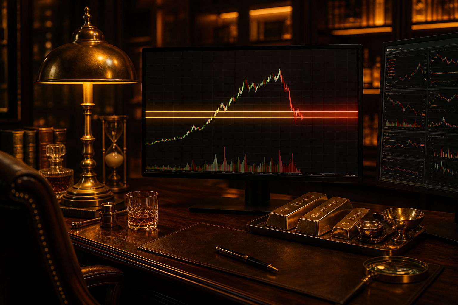 Dark trading desk with a brass banker’s lamp; monitors show an overnight green run selling off into a glowing PDC / CDO band while a red flush holds the floor — Friday Sept. 4 hot-payrolls week-close energy.