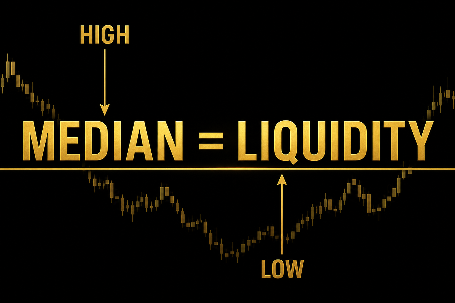 Black thumbnail with gold type Median equals Liquidity, arrows from High and Low into the median line.