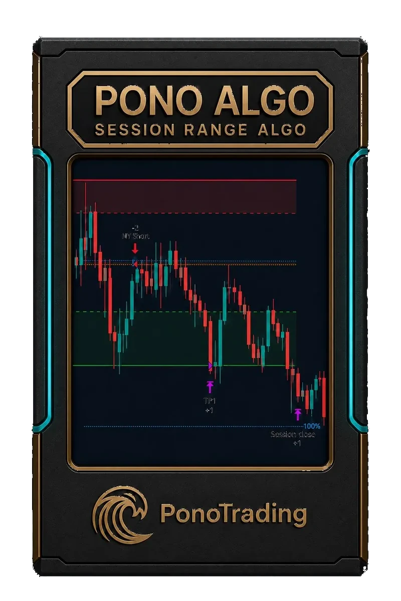 Open the full write-up Pono Algo — Session Range Algo box art: a chart showing a New York short entry, TP1 and session close annotations