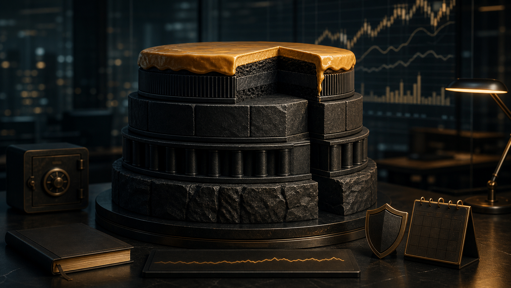 A cutaway black cake with gold icing rests on a fortified foundation beside a shield, calendar, business ledger, and trading charts.