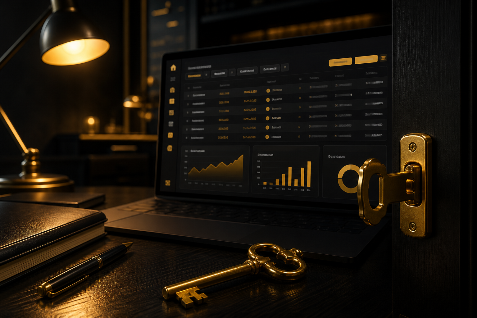 Dark trading desk with a FundedFlow-style journal dashboard on a laptop and gold keys unlocking access — freemium for registered traders.