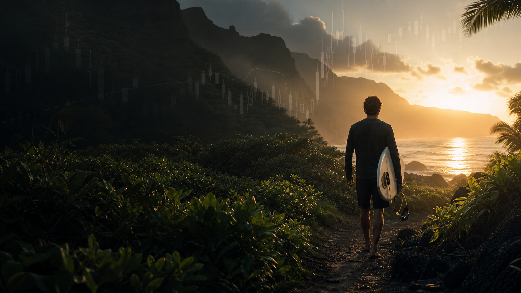 A trader standing on a Hawaii path at sunrise with a surfboard, candlestick overlays fading into the ridgeline — prep before the session.
