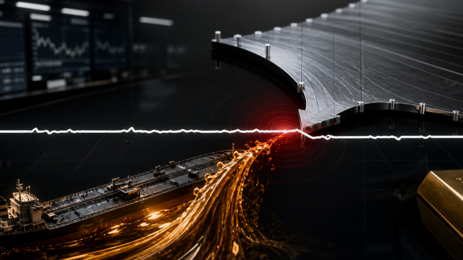 A tactical cross-asset market map shows a flat equity pulse tested by an oil tanker, advancing crude, and tightening Treasury pressure.