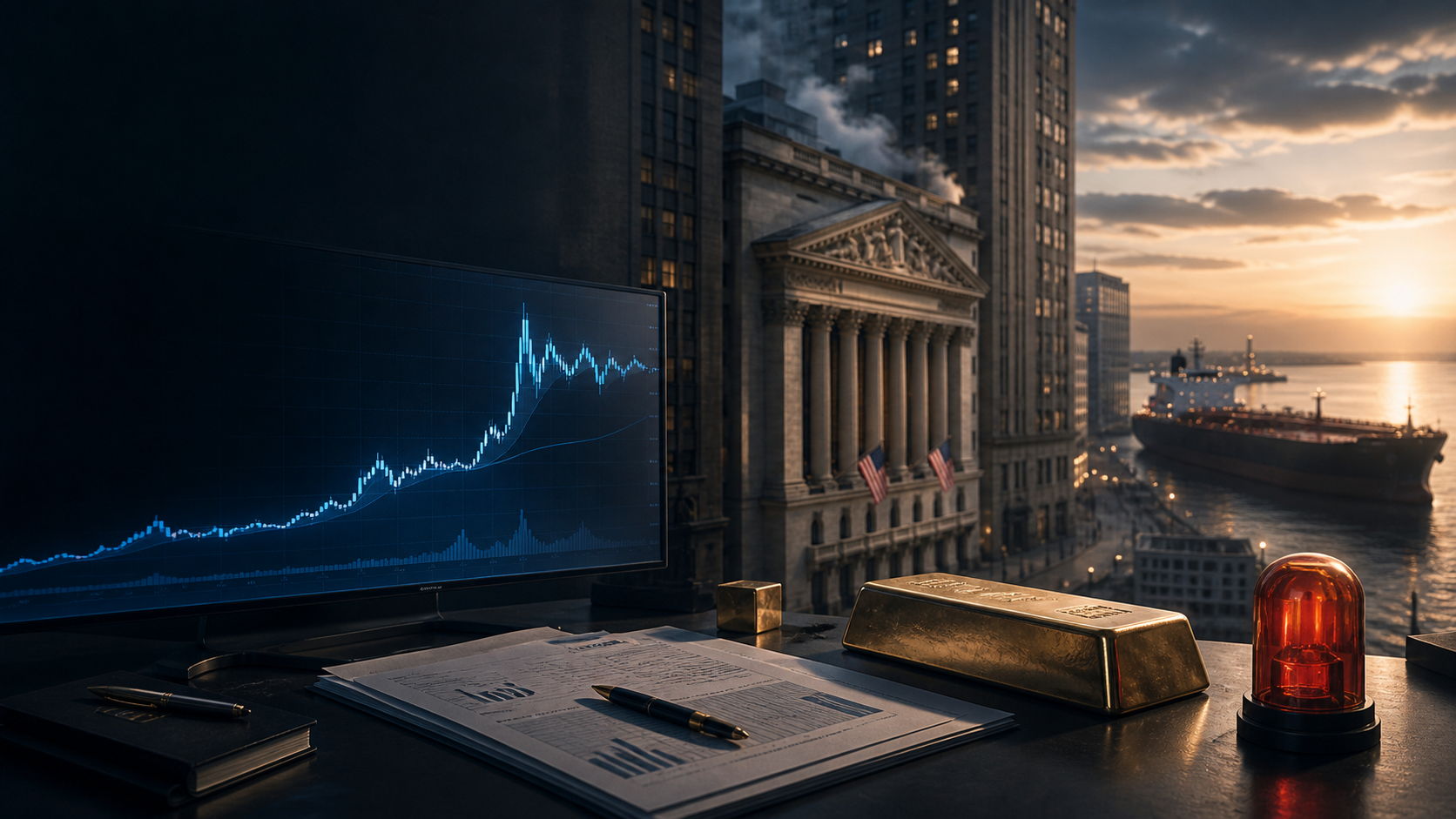 A cinematic Wall Street trading desk with a rising market chart, realistic gold bullion, an oil tanker, and a red event beacon at sunrise.