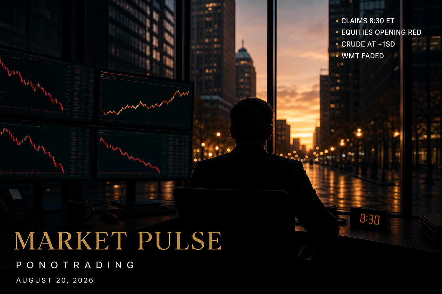 PonoTrading Market Pulse editorial showing a pre-dawn trading desk, red equity charts, an amber crude line against an upper band, an 8:30 clock, and a readable panel for claims, a red open, crude at +1SD, and Walmart faded.