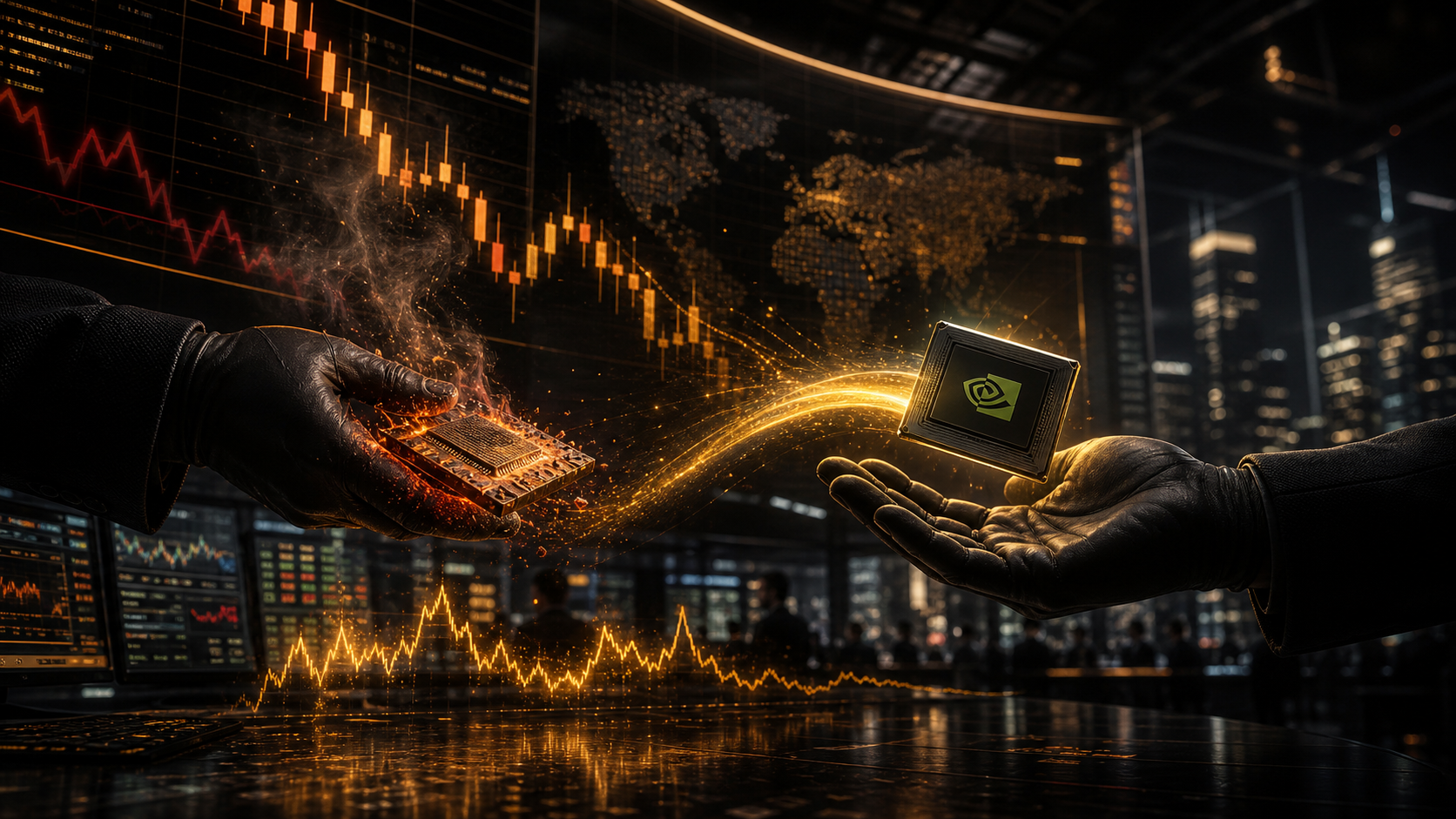 Cinematic PonoTrading trading-floor scene showing inflation pressure, Nasdaq risk, and a market handoff into Nvidia earnings.