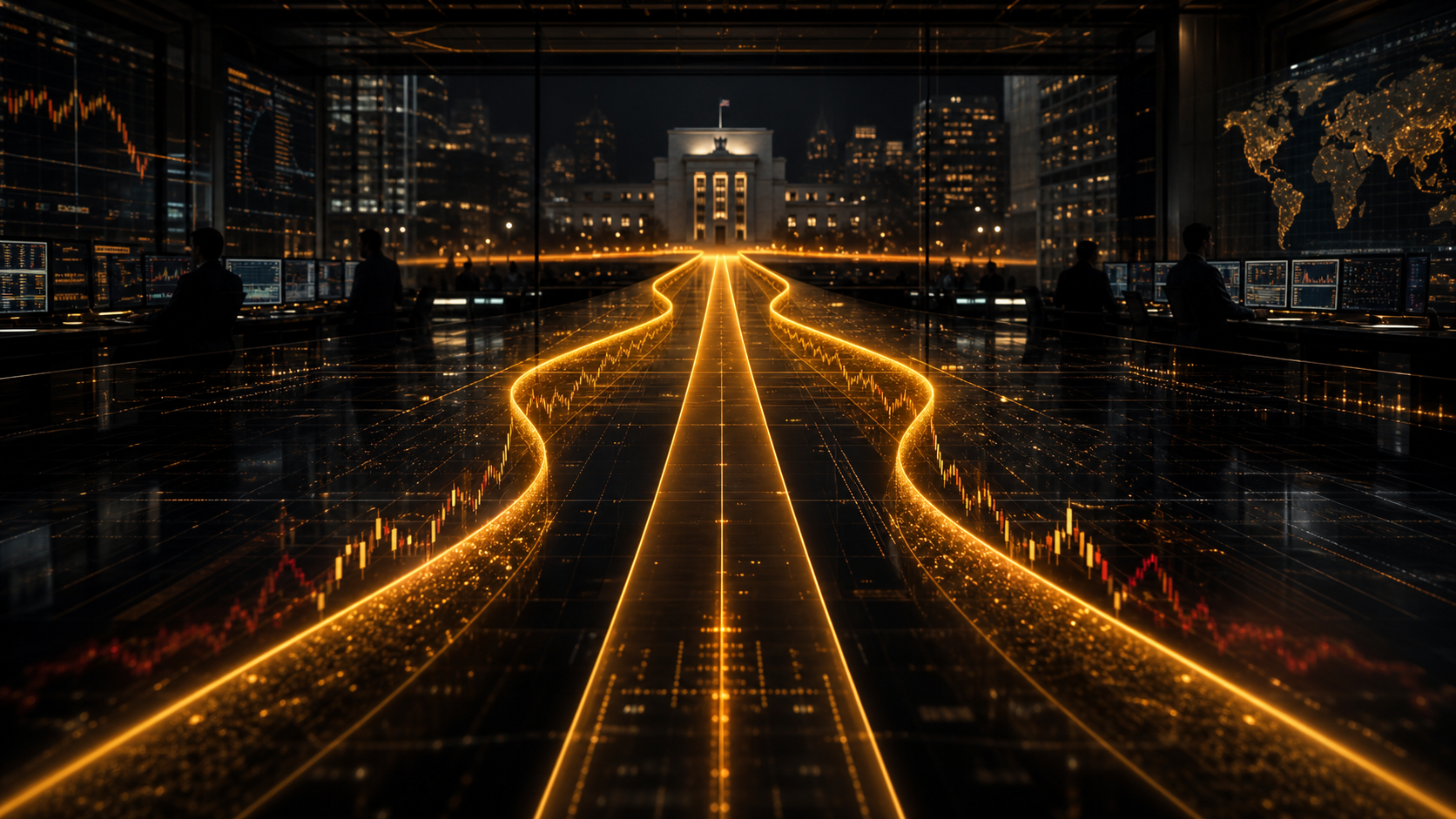 Cinematic PonoTrading expected-move probability lanes converging toward a glowing Jackson Hole policy horizon in a dark institutional trading room.