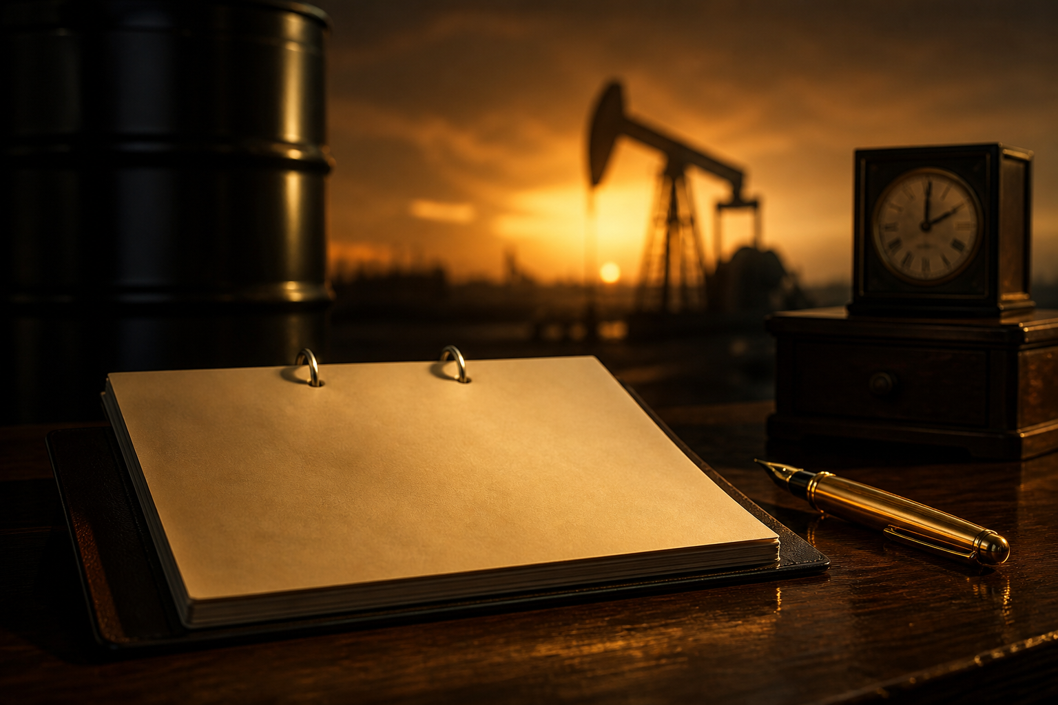 month-end desk, gold pen, crude oil in the background