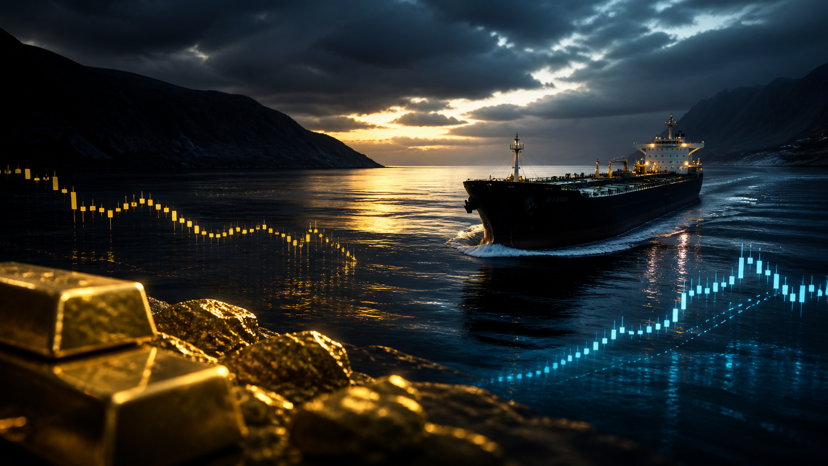 A cinematic PonoTrading market image shows an oil tanker in a narrow strait beneath gold bullion, representing a gold extension, selective index leadership, and crude risk.