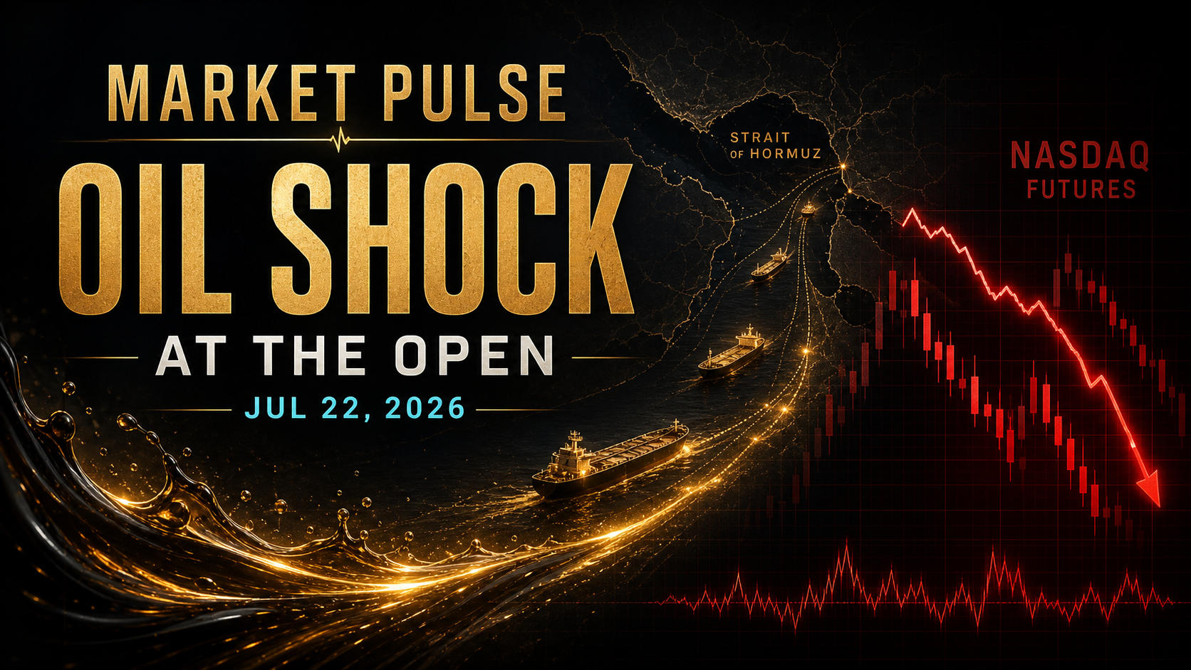 Crude oil surges beside a falling Nasdaq futures chart and Strait of Hormuz shipping routes in the July 22, 2026 Market Pulse.