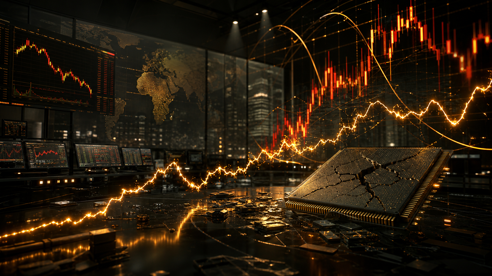 A cinematic dark trading-room scene showing volatility pressure and semiconductor stress as a fragile pre-open risk regime builds before the open.