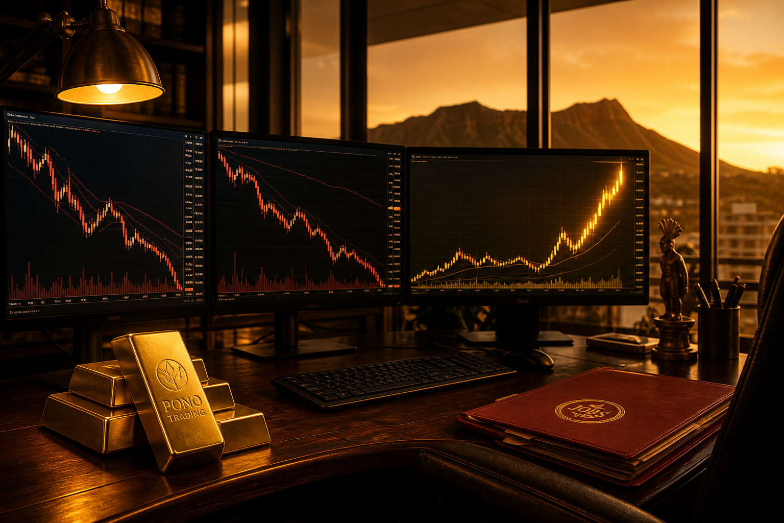 Golden-tone trading desk with red-folder jobs print: monitors dump overnight equity bid while gold lifts, Diamond Head warm out the window — Market Pulse September 4, 2026.
