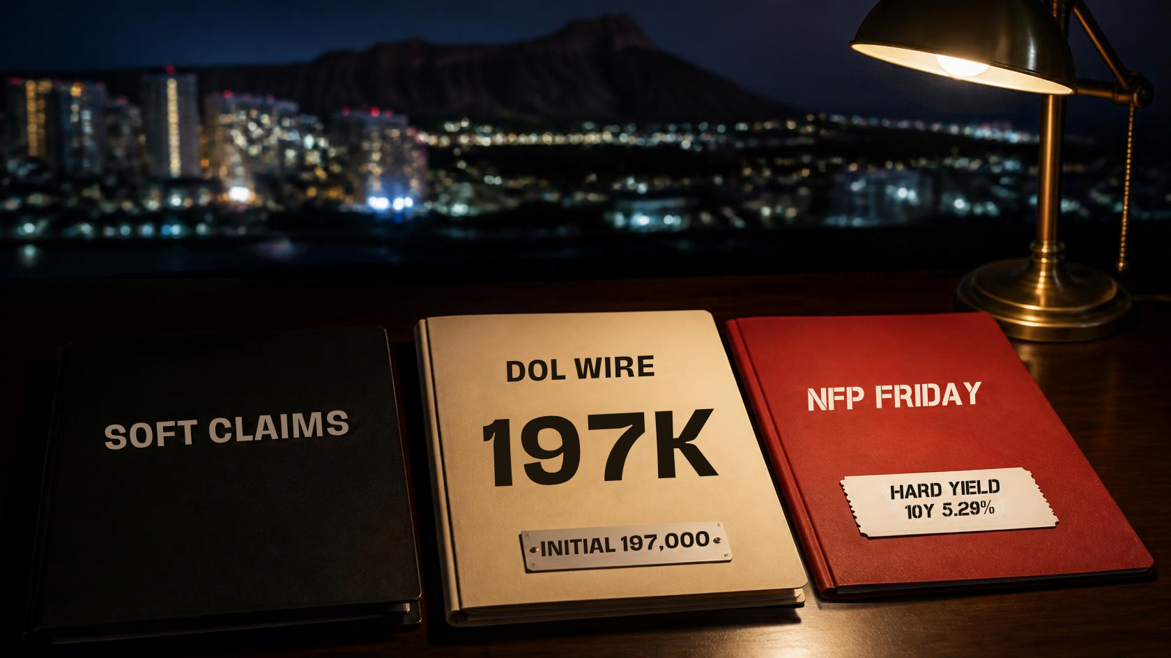 Trading desk with SOFT CLAIMS blotter, 197K DOL wire plate, HARD YIELD 10Y 5.29% ticket, and NFP FRIDAY folder; Diamond Head only soft in the night background.