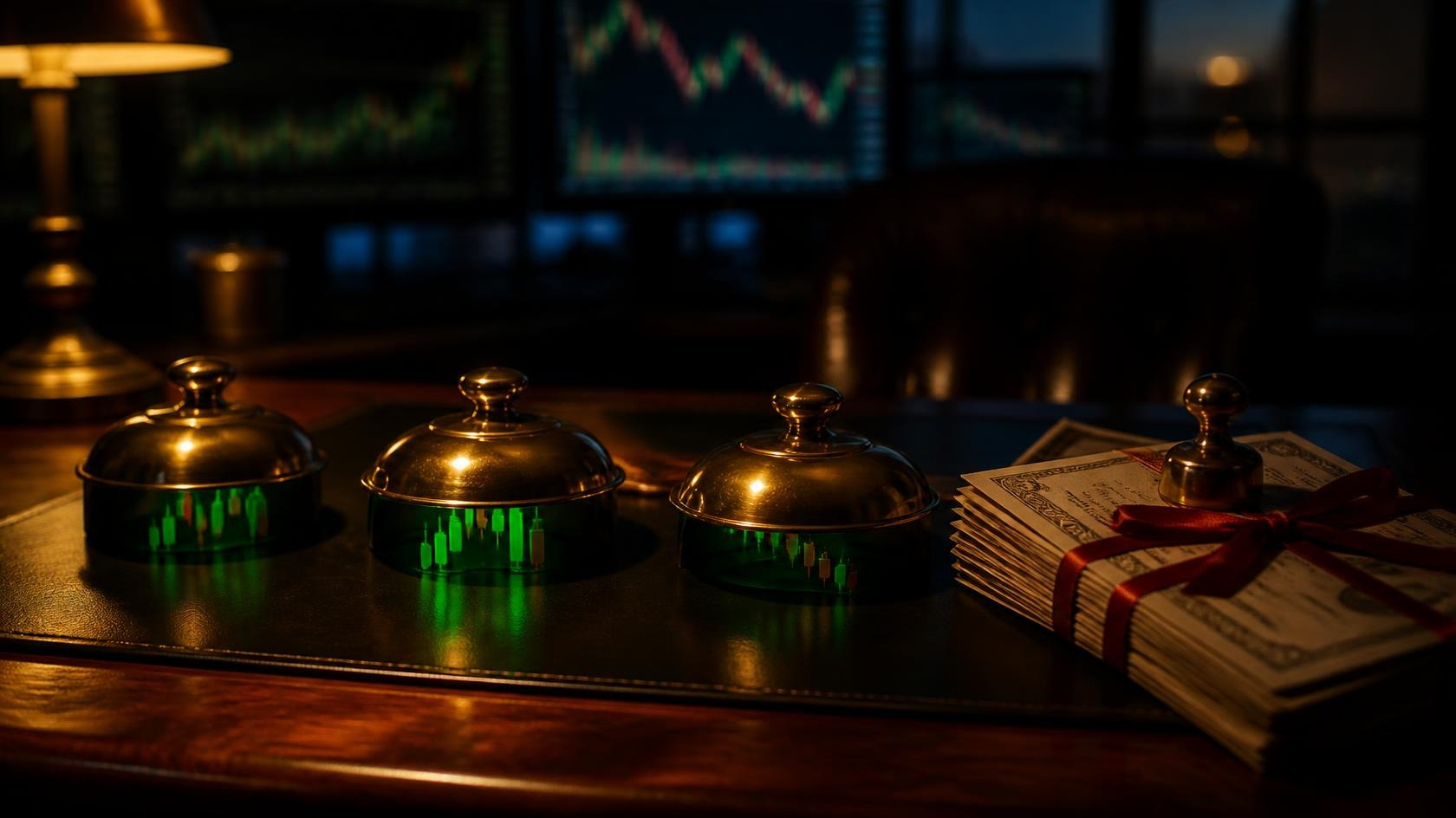Three polished brass dome lids pressed down over glowing green candlestick charts on a low-lit leather and wood trading desk, with a stack of bond certificates tied in red ribbon set aside under a brass paperweight and blurred market monitors behind.