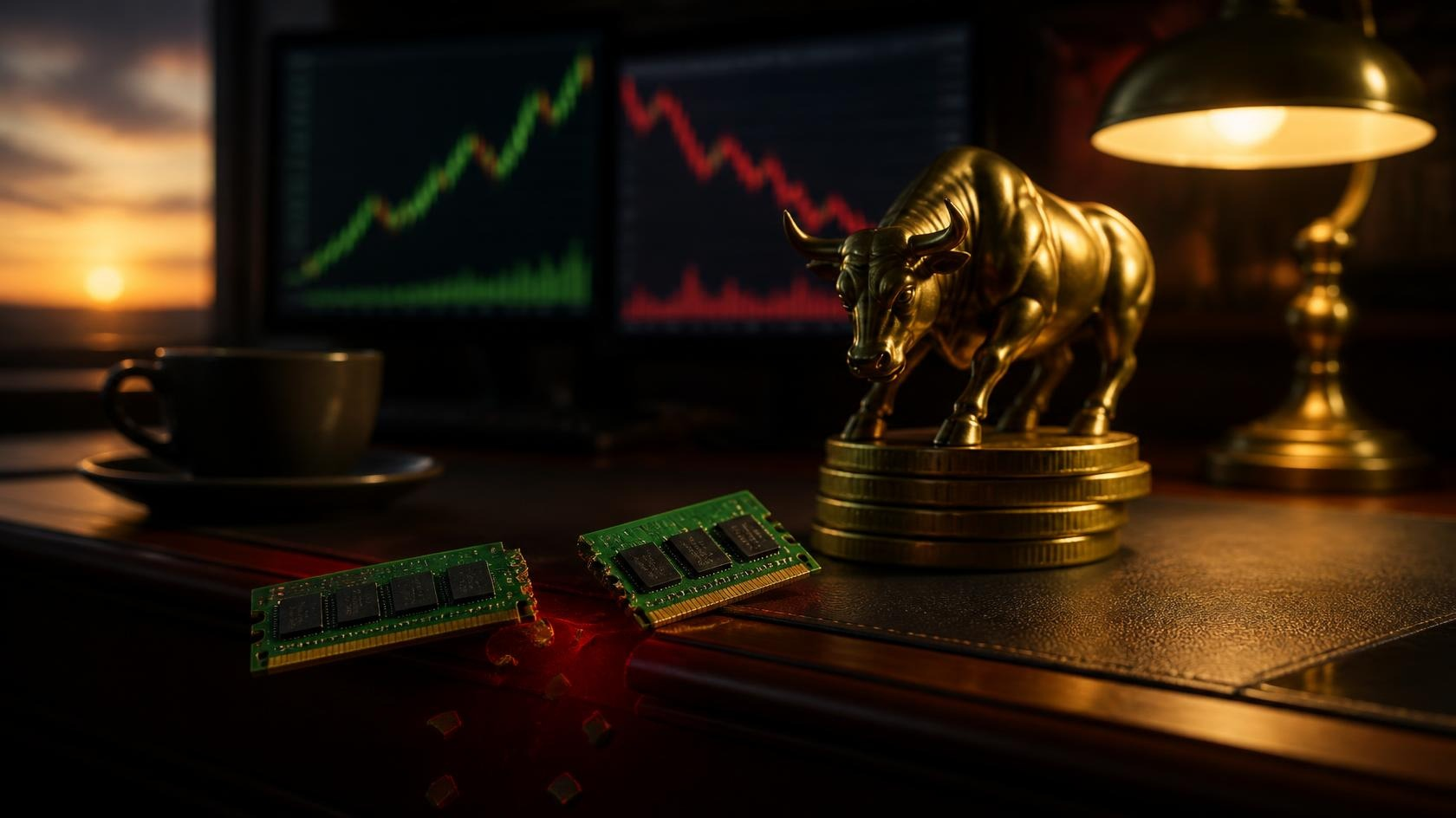 A snapped green computer memory stick spilling chips with a red glow at the edge of a low-lit koa and leather trading desk, beside a brass bull standing on a stack of gold coins, with blurred green and red charts and a banker's lamp behind.