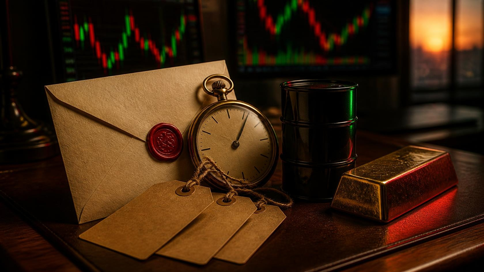 A sealed cream envelope with a red wax seal propped against a brass stopwatch on a low-lit wooden trading desk, blank kraft price tags on string in front, a black oil barrel with a green glow and a gold bar with a red glow beside it, blurred green and red charts behind.