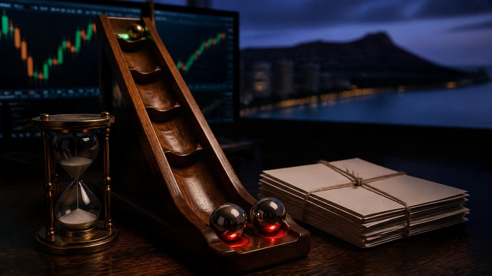 A wooden marble ramp on a dark trading desk before dawn, two steel balls rolled back to the bottom with a red glow and one brass ball on a ledge near the top with a green glow, a brass hourglass nearly run out and a stack of blank papers tied with string, blurred charts and Diamond Head far behind.