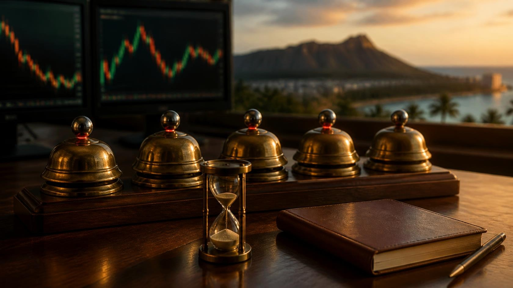 Five brass desk bells in a row on a dark walnut trading desk at dawn, a steel ball resting on top of each with a faint red glow, a brass hourglass in front, a leather notebook to the side, blurred charts and Diamond Head far behind.