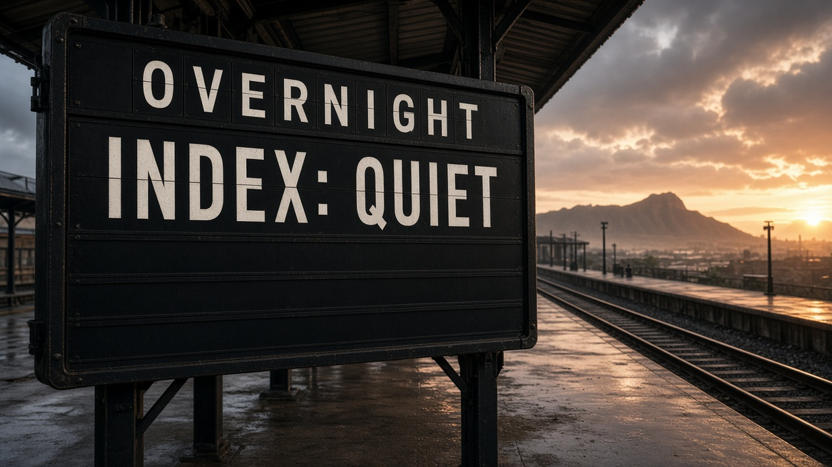 At sunrise after an overnight rainstorm, a black split-flap board on a wet open-air railway platform reads OVERNIGHT and INDEX: QUIET, storm clouds breaking and Diamond Head soft in the distance.
