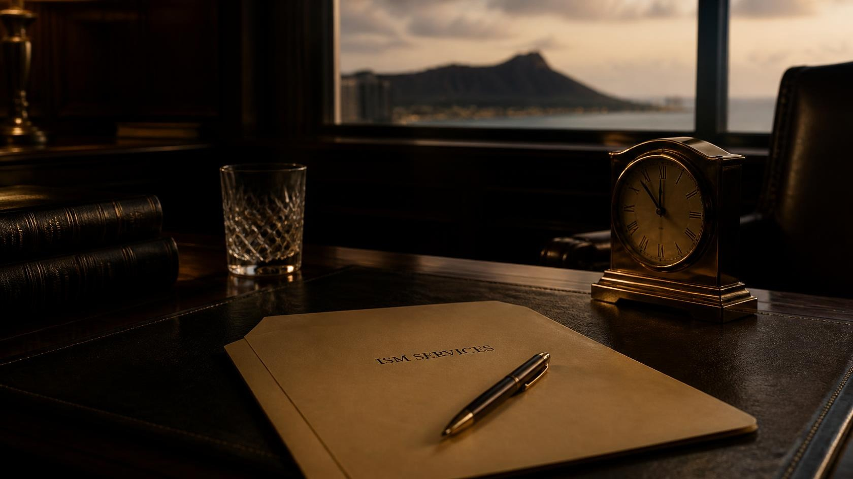 Low-lit wood and leather desk with an ISM SERVICES folder, gold pen, and brass clock; Diamond Head soft through the window behind — Monday RTH Market Prep cover.